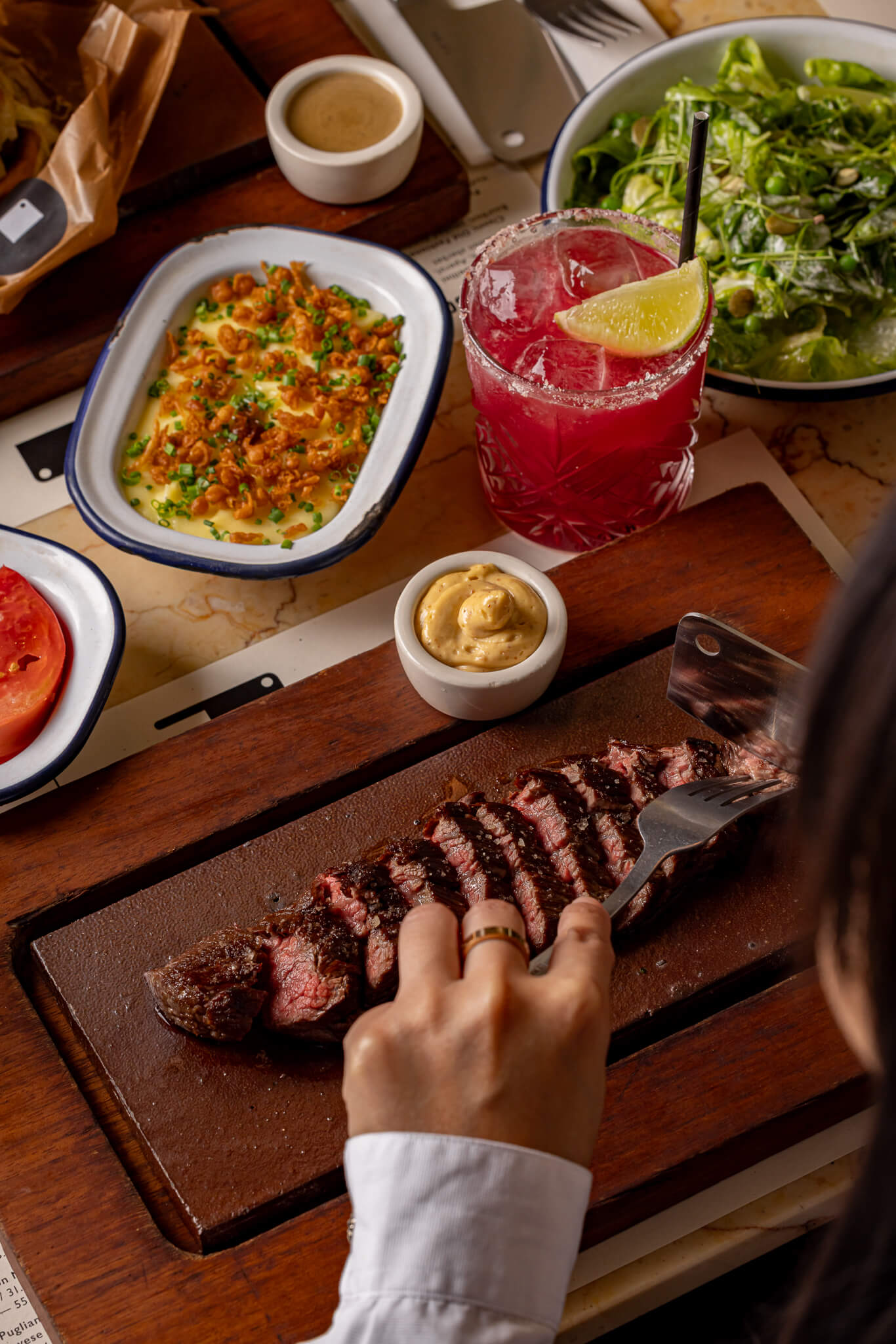 Flat Iron steak main and sides
